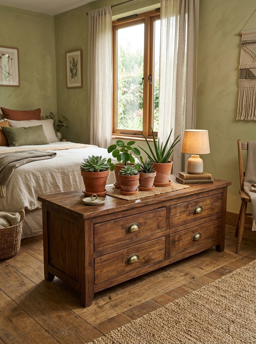 A dark wood bedroom chest topped with various succulents and a small lamp in a sage green room.