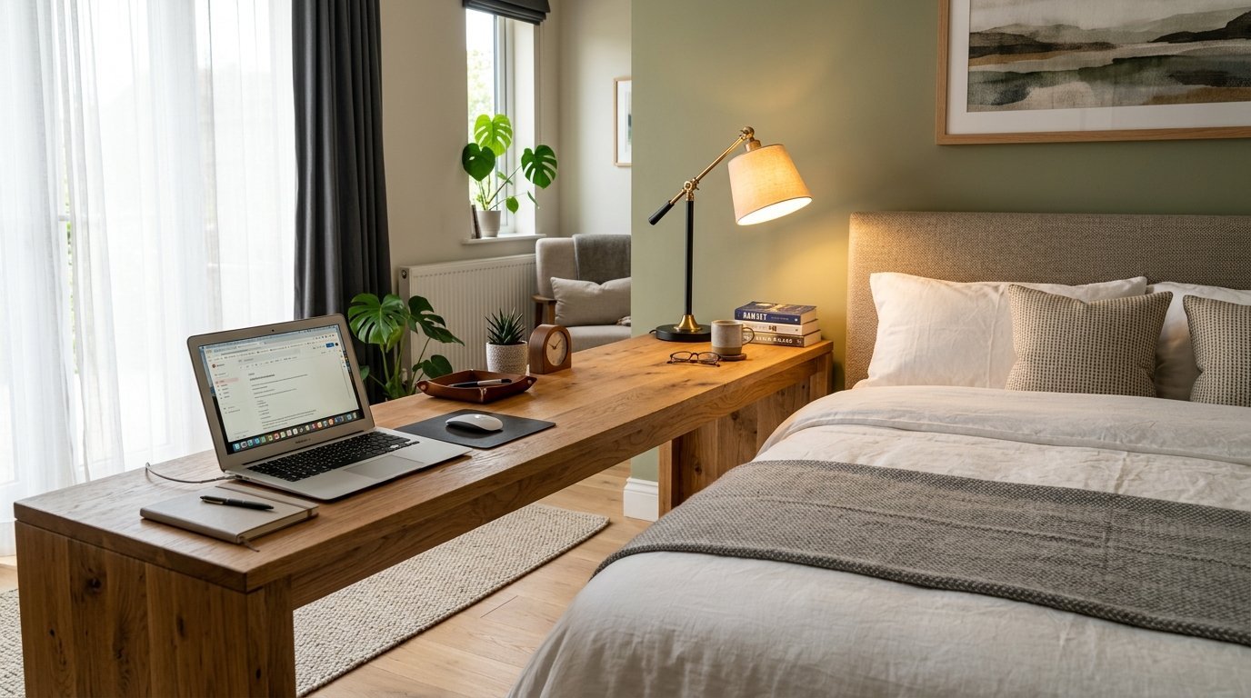 A bedroom with a wooden desk placed behind the bed frame holding a laptop, lamp, and books.