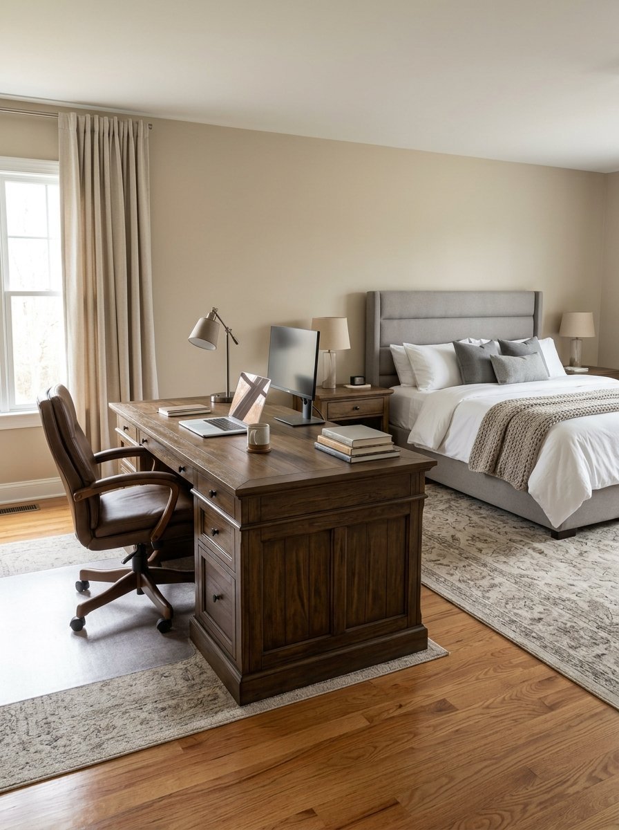 A dark wood desk with a laptop and computer monitor placed in a bedroom next to a grey upholstered bed.
