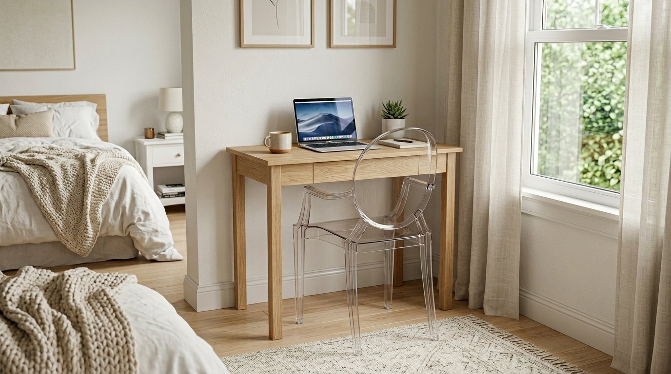 A light wood desk with a laptop and a clear plastic chair in a bright bedroom.