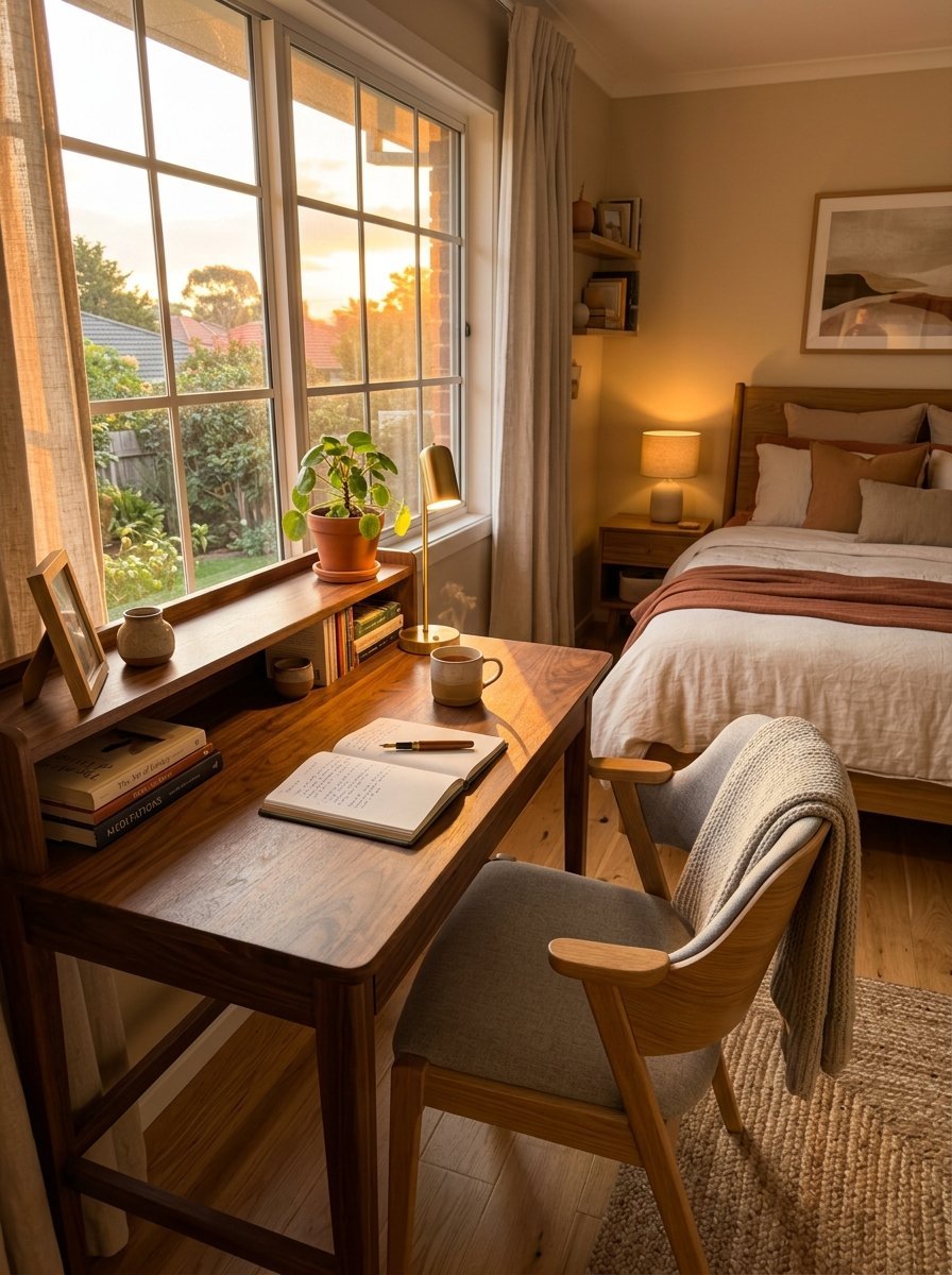 A warm, sunlit home office corner with a wooden desk, open journal, and a comfortable chair next to a made bed.