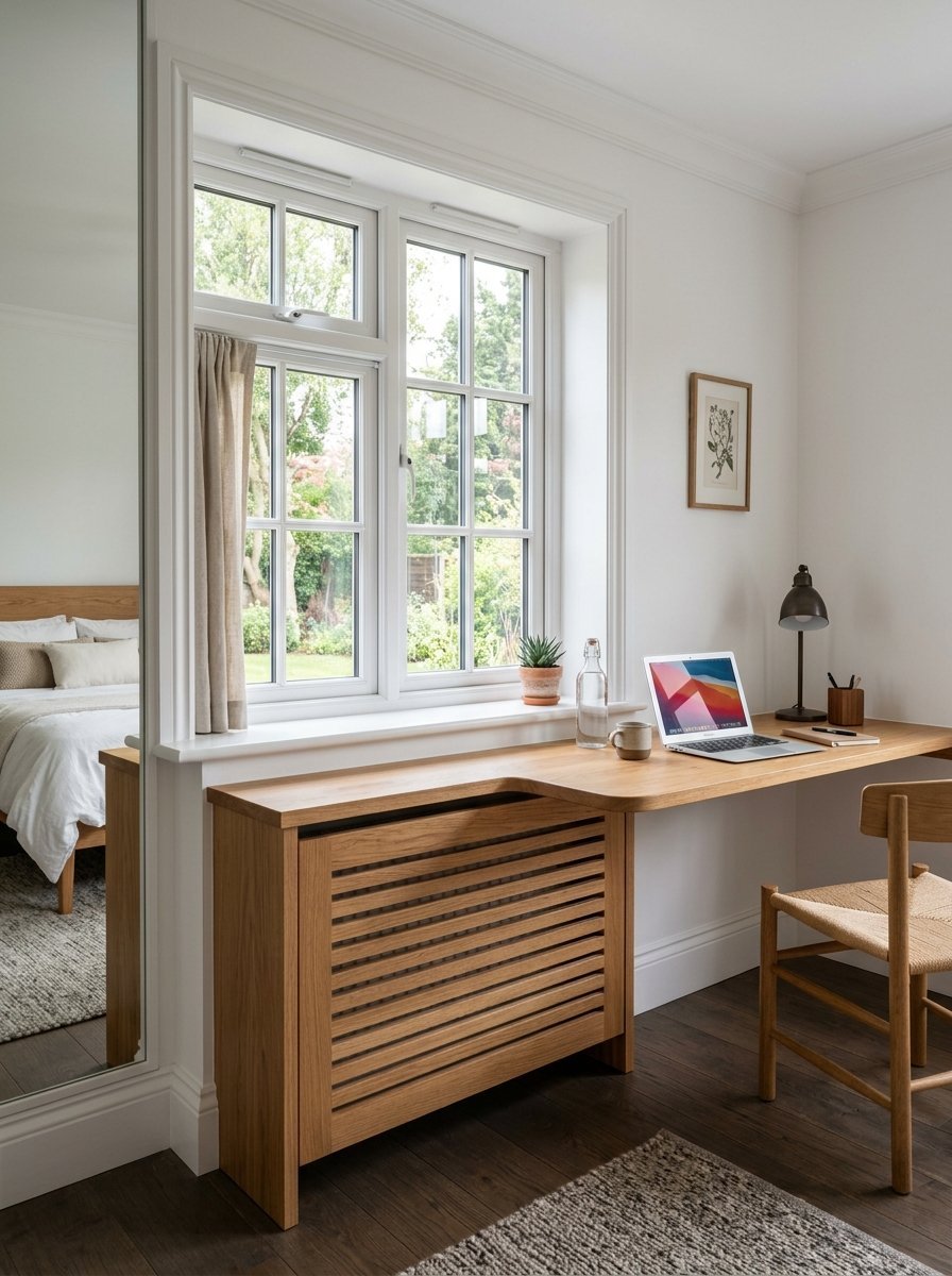 A wooden workspace desk built over a slatted radiator cover beneath a bright window in a bedroom.