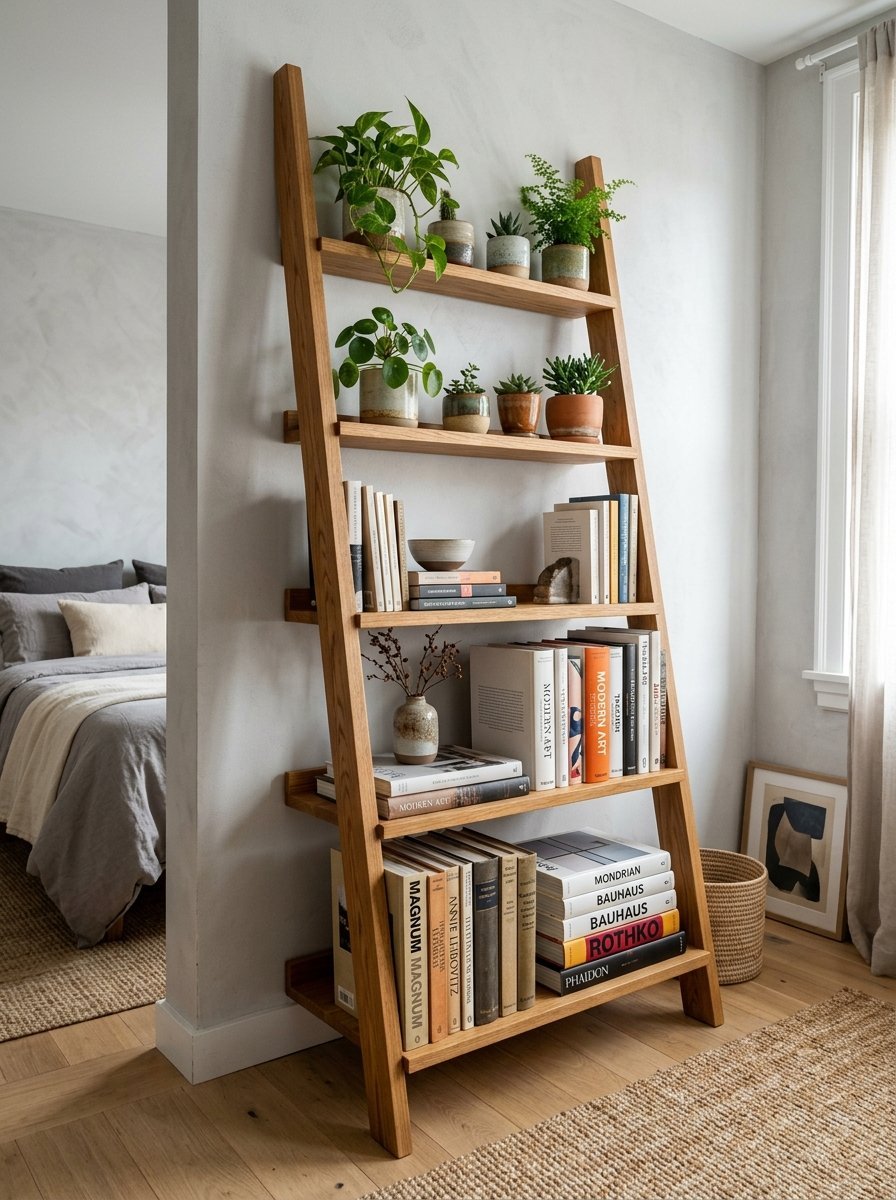 A leaning oak ladder shelf displays potted succulents, decorative vases, and a collection of art books in a bright room.