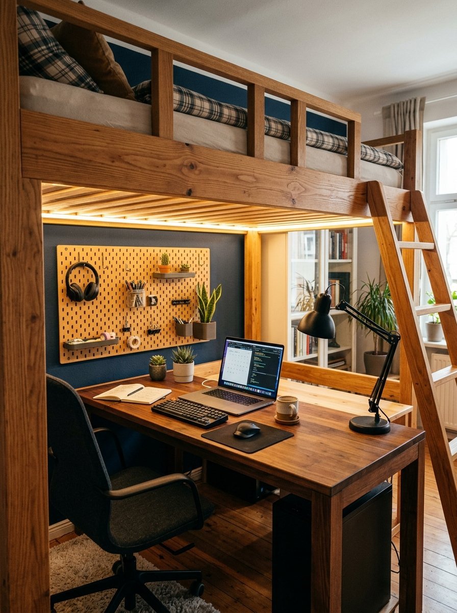A wooden loft bed with a desk, laptop, task lamp, and pegboard organizer underneath against a dark blue wall.