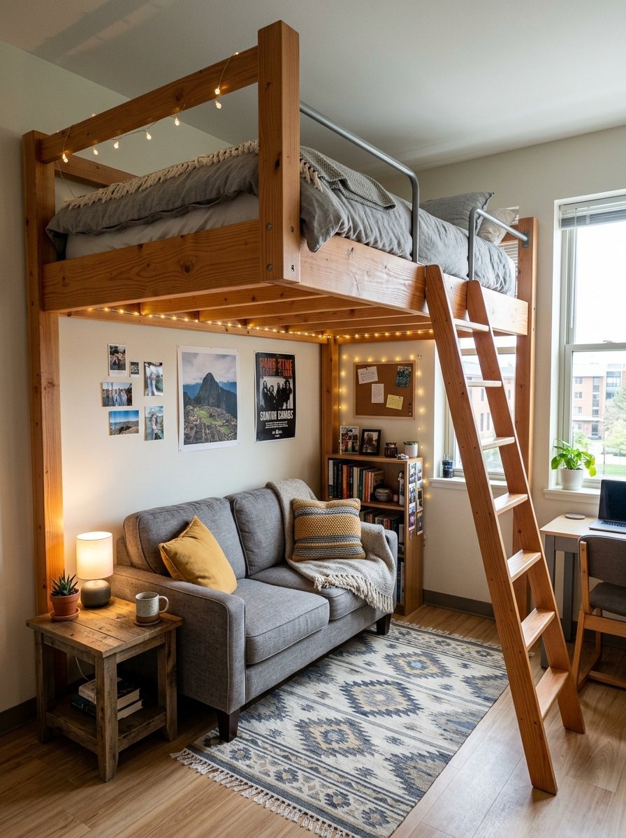 A wooden loft bed above a couch, a patterned rug, and a small bookshelf in a brightly lit studio apartment.