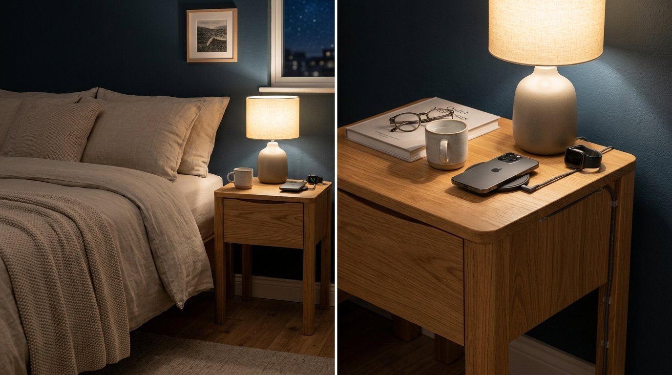 A close-up of a wooden nightstand with a lamp, charging devices, and a book against a dark navy bedroom wall.
