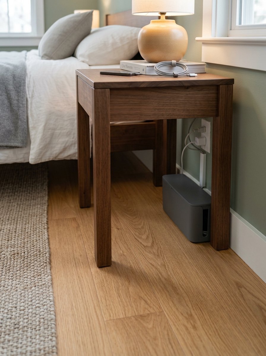 A dark wood nightstand with a lamp and phone charger next to a bed on light hardwood flooring.