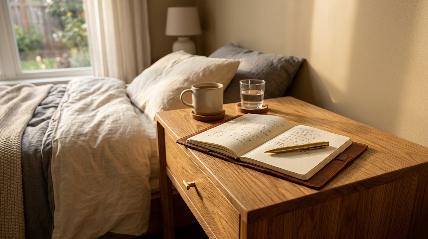 A leather-bound journal and gold pen sitting on a wooden nightstand beside a cozy bed.