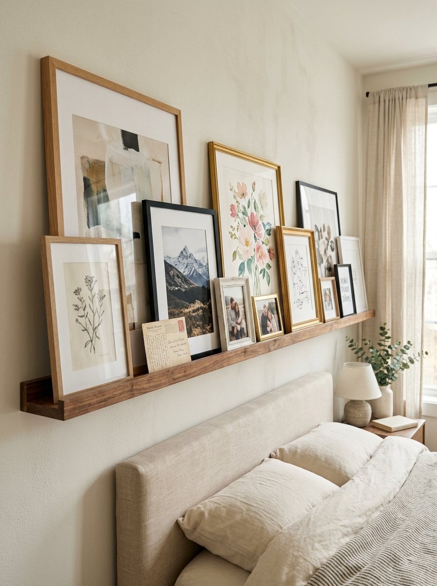 A wooden shelf mounted on a neutral wall holds various framed art pieces, botanical prints, and family photos.