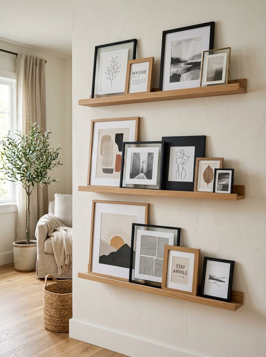 Close-up of three wooden wall shelves holding various framed abstract prints and line art in a bright room.