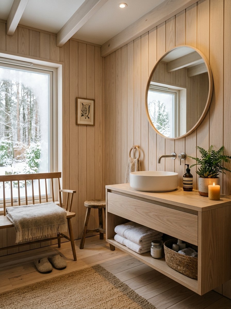 Bright bathroom featuring a round mirror, wooden panel walls, a vanity with towels, and a window overlooking a snowy forest.