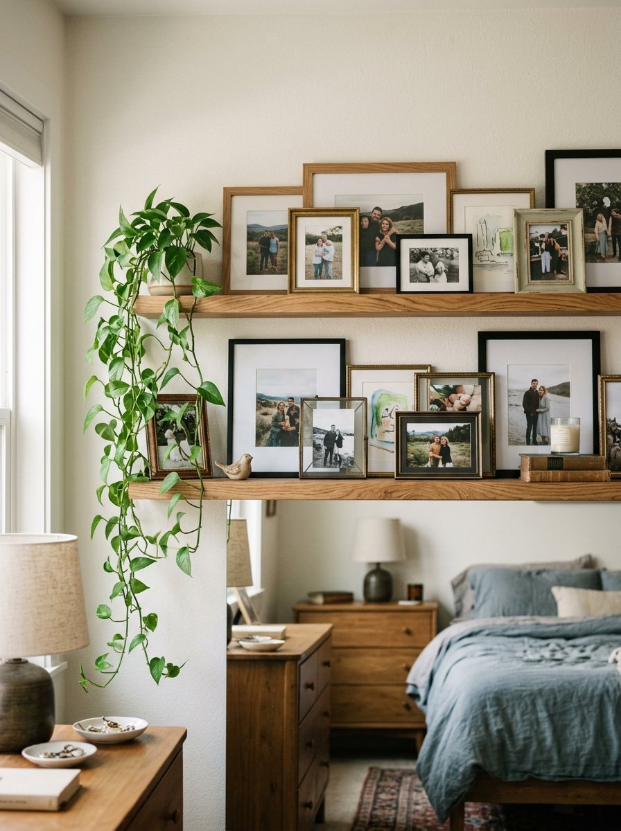 Floating shelves displaying various framed family photos and a cascading pothos plant above a bedroom set.