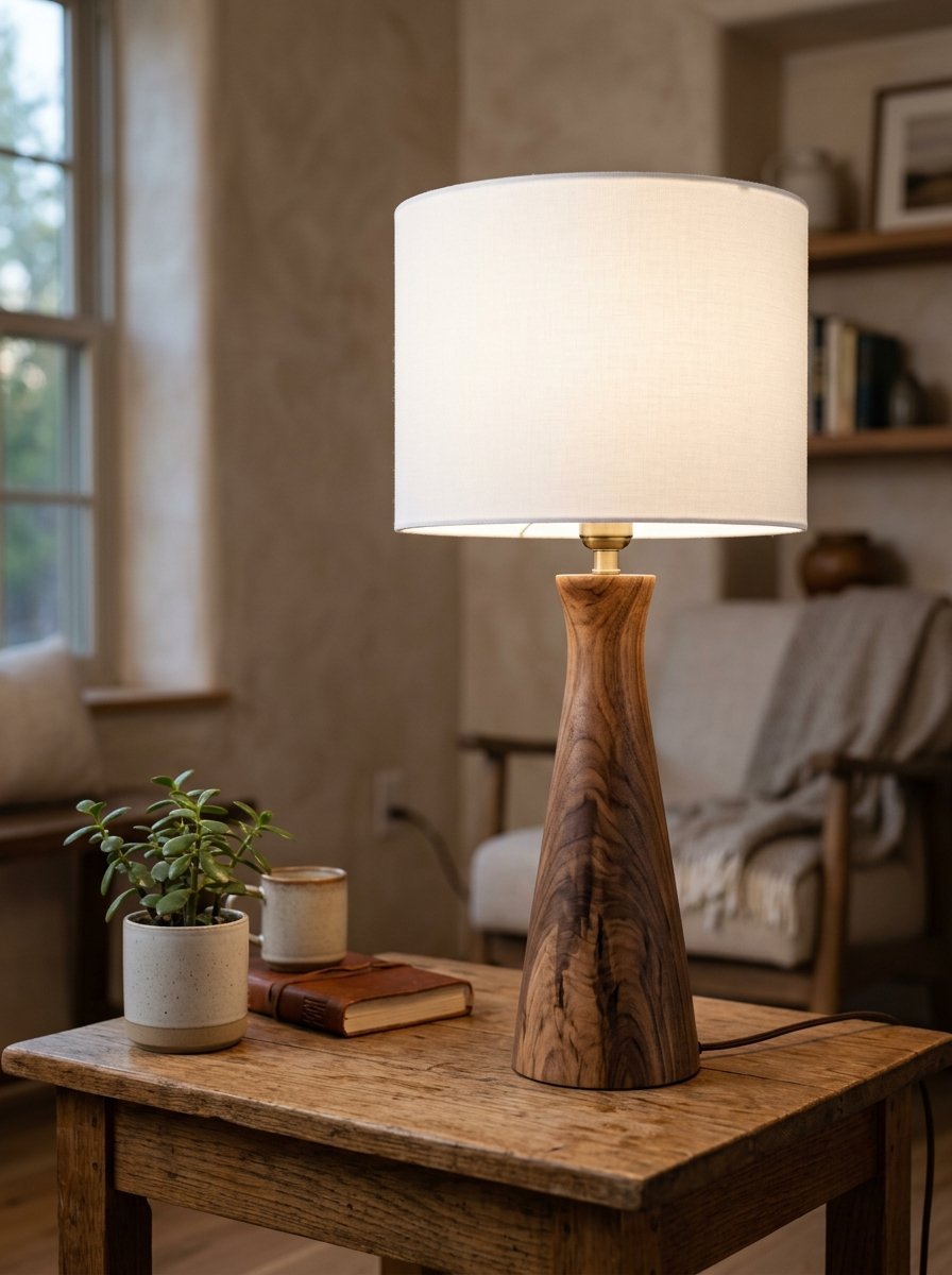 A lit lamp with a white drum shade and carved wooden base sits on a wooden table with a small plant and book.