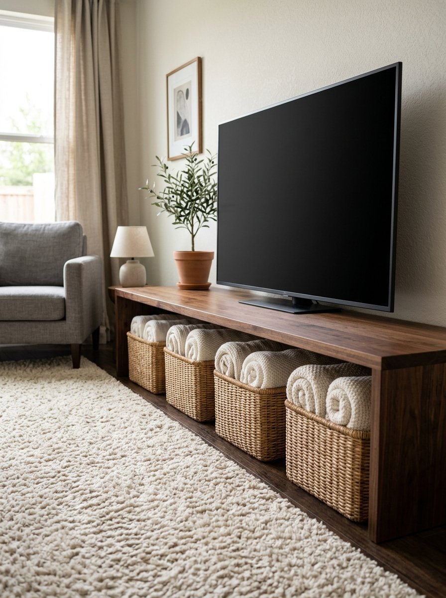 A wooden media stand holds a flat screen TV, with four wicker baskets filled with rolled cream blankets underneath.