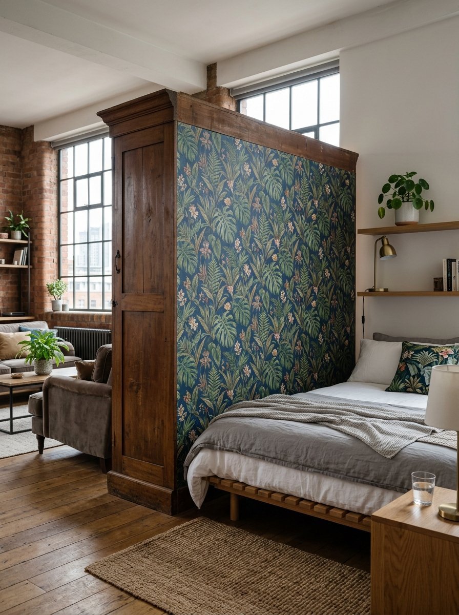 An antique wooden closet separating a bedroom area with tropical wallpaper from a living room in a brick loft.