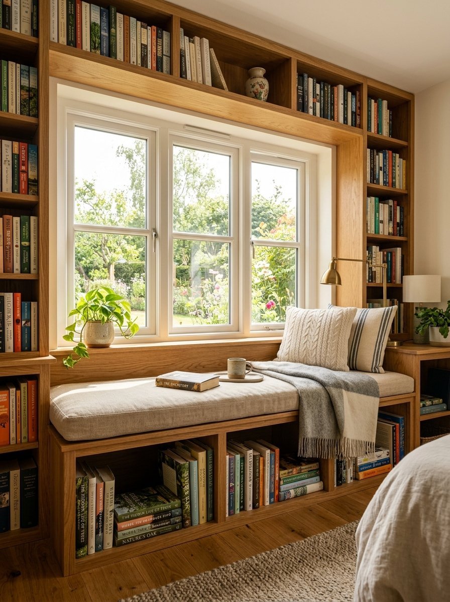 A sunlit window seat with upholstered cushion, throw blanket, and books surrounding it in wooden shelving units.