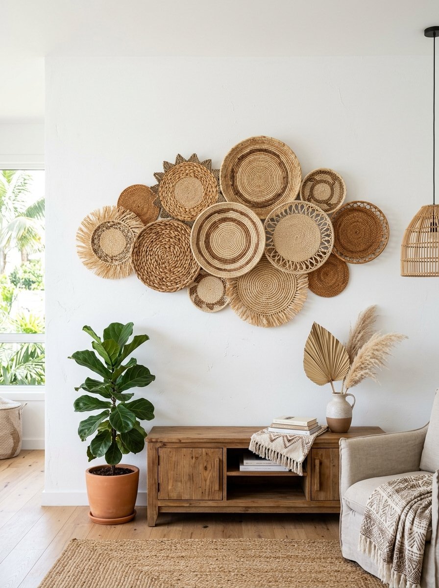 A collection of various round woven baskets arranged as wall art above a wooden media console and fiddle leaf fig.