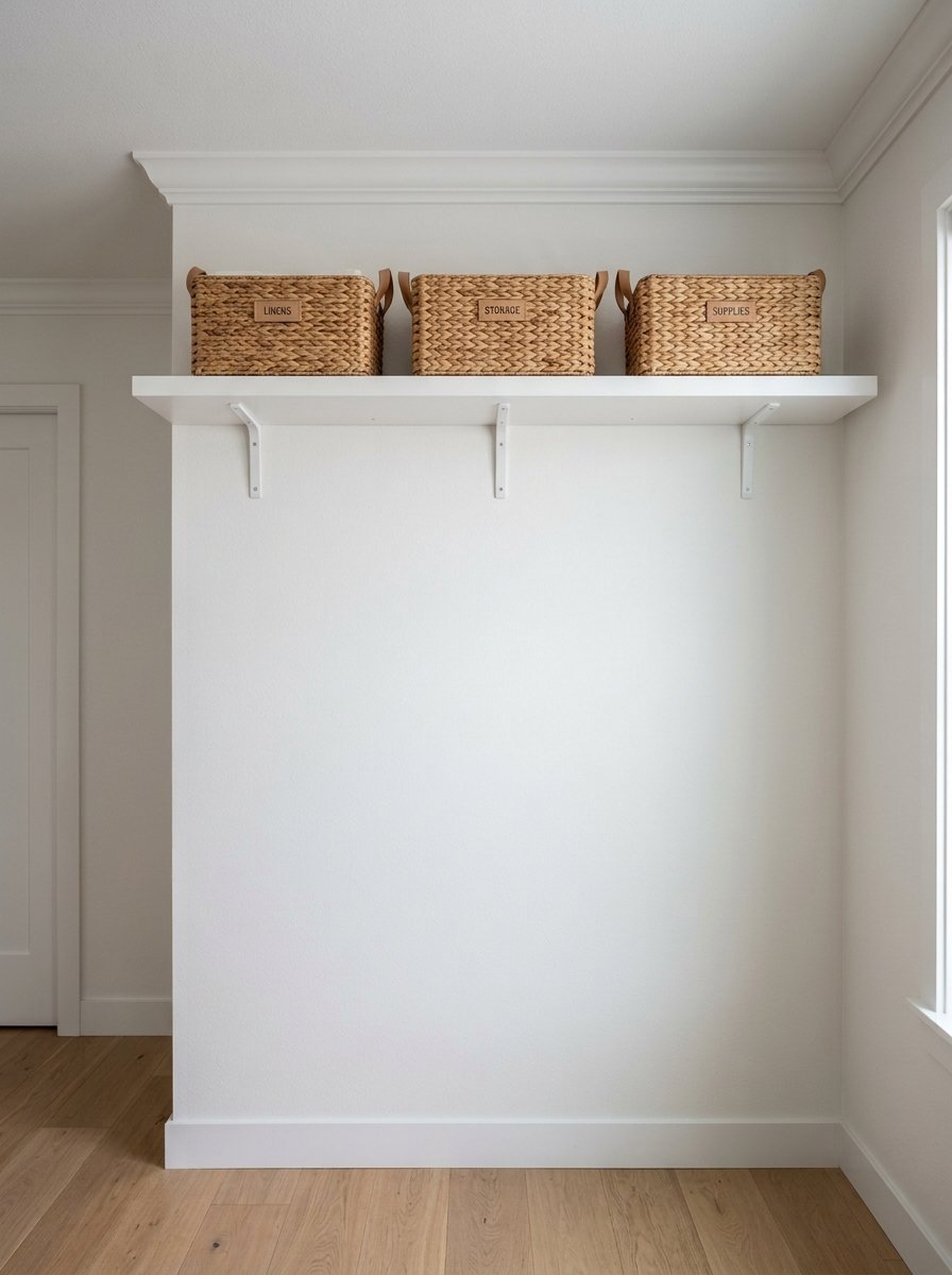 Three rectangular hyacinth baskets with leather labels sitting on a clean white floating wall shelf.