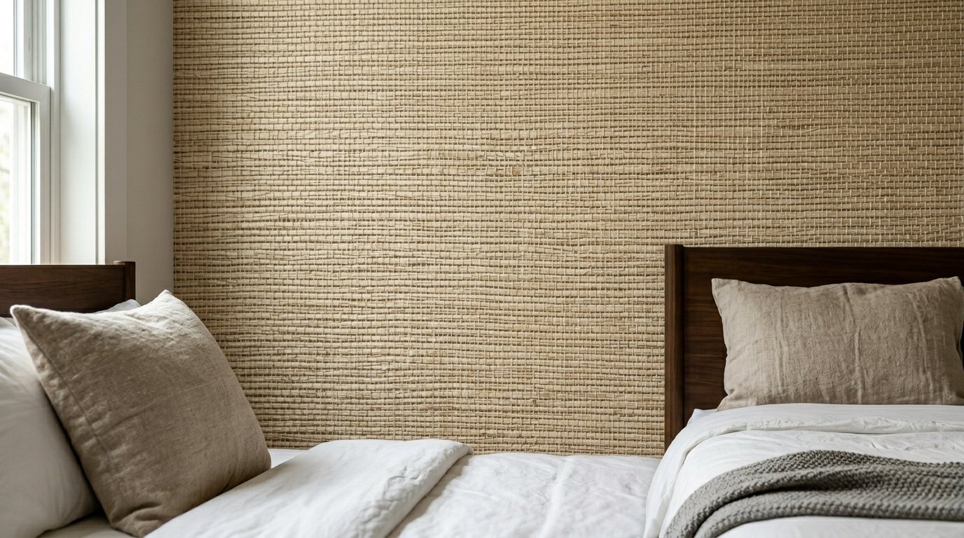 Close-up of a woven tan grasscloth feature wall in a minimalist bedroom with white bedding.