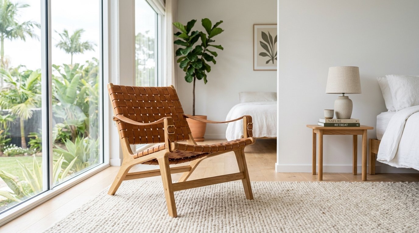 Tan woven leather armchair with wooden frame placed on a textured rug near a large sliding glass window.