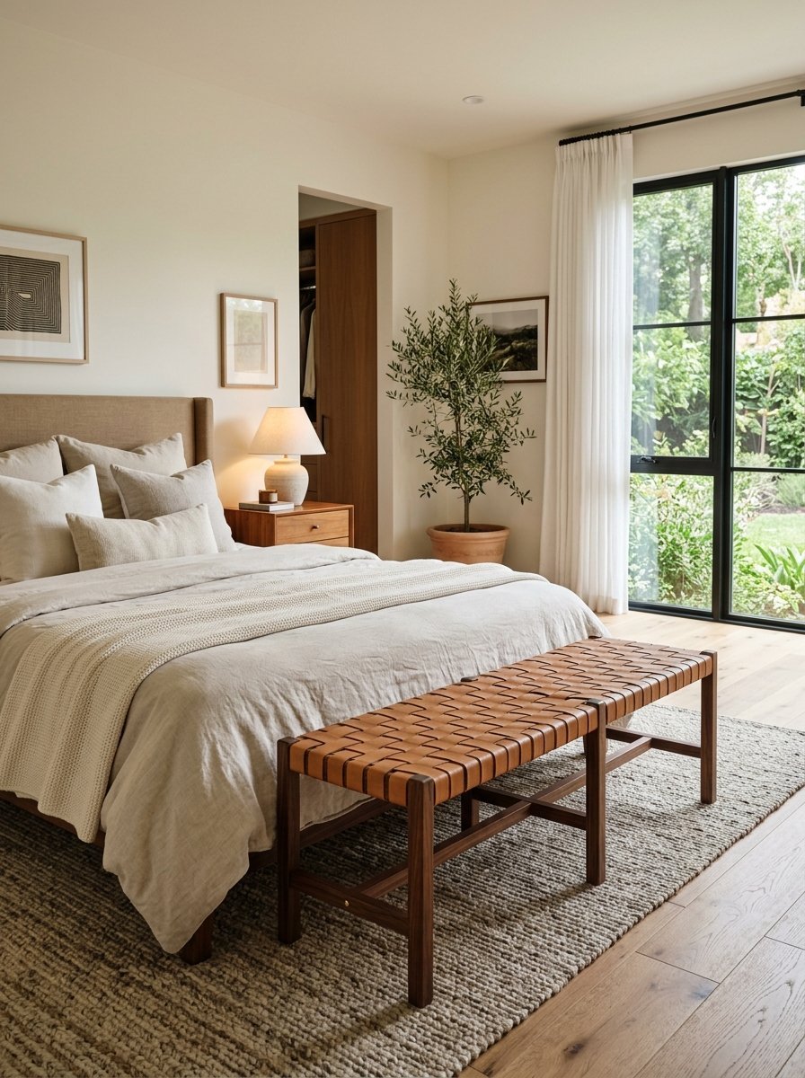 Modern bedroom with a tan woven leather bench at the foot of a bed, wood floors, and a potted olive tree.