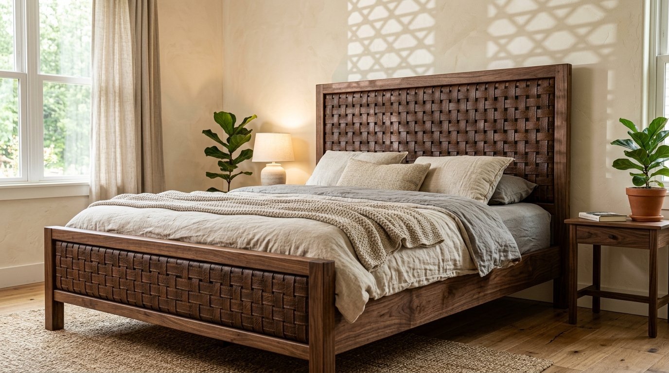 A rustic bedroom with a walnut bed frame showing intricate woven brown leather accents and layered beige linens.