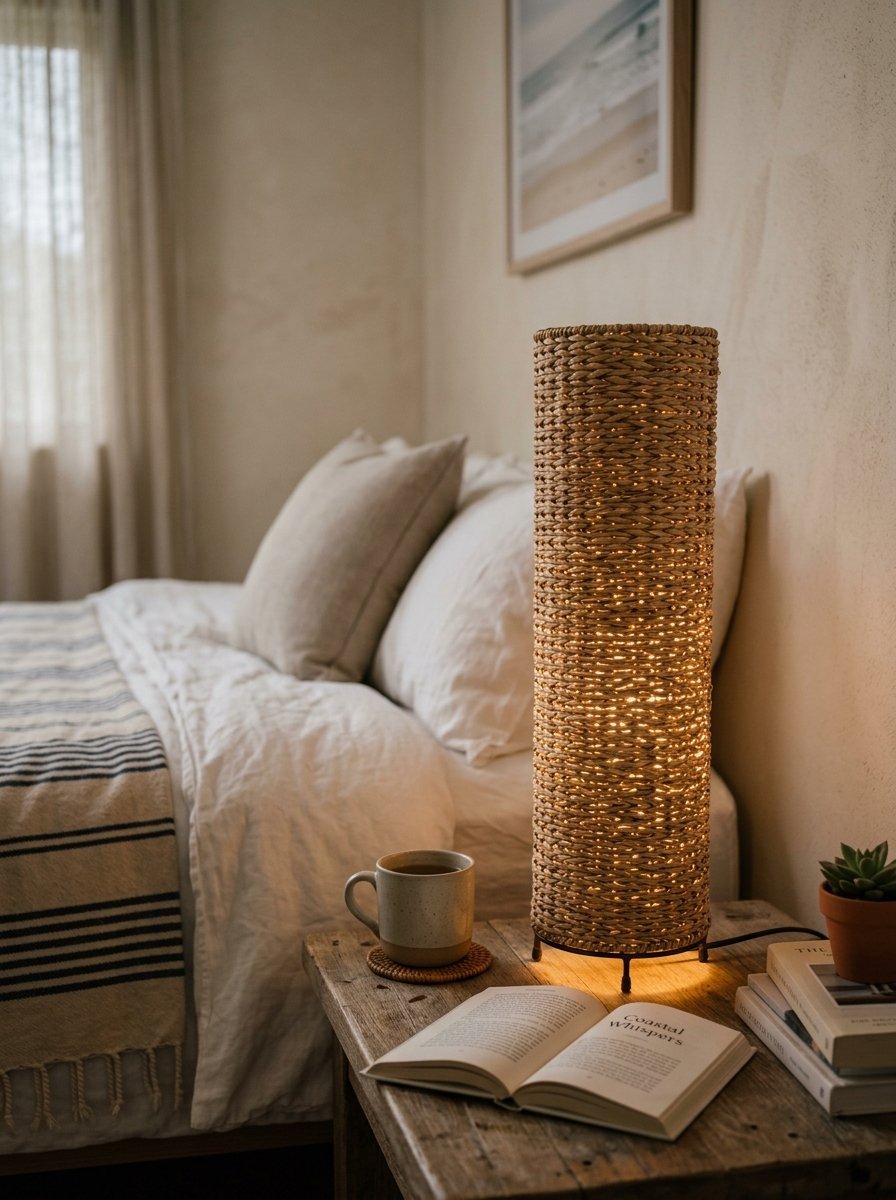 Cylindrical wicker table lamp emitting soft light next to a mug and open book on a wooden bedside table.