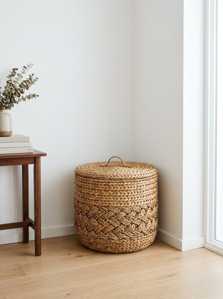 Round woven seagrass hamper with a lid sits on light wood flooring near a simple wooden side table.