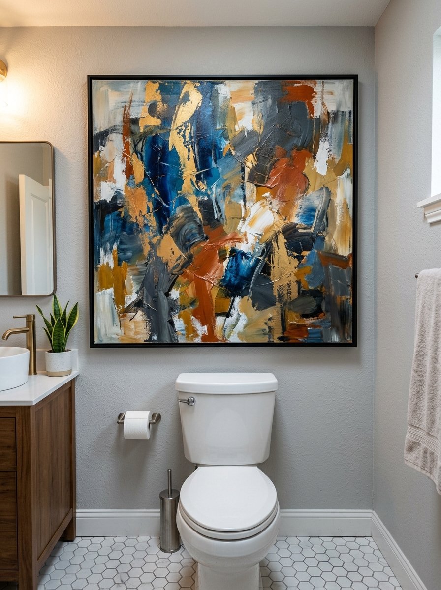 Colorful textured abstract art hanging on a grey wall over a white toilet in a modern bathroom.