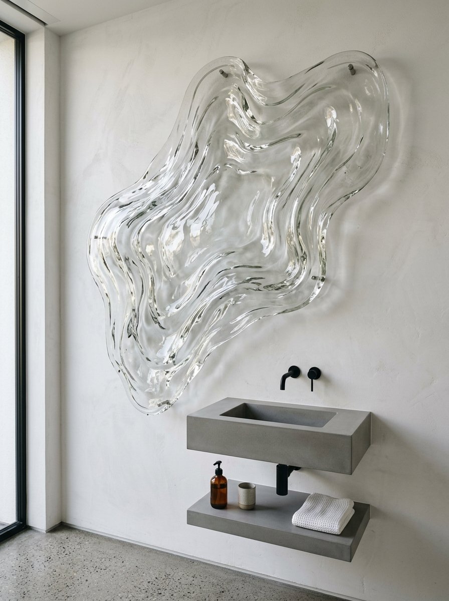 A floating gray concrete vanity and shelf with a large, rippled, transparent glass sculpture mounted above.