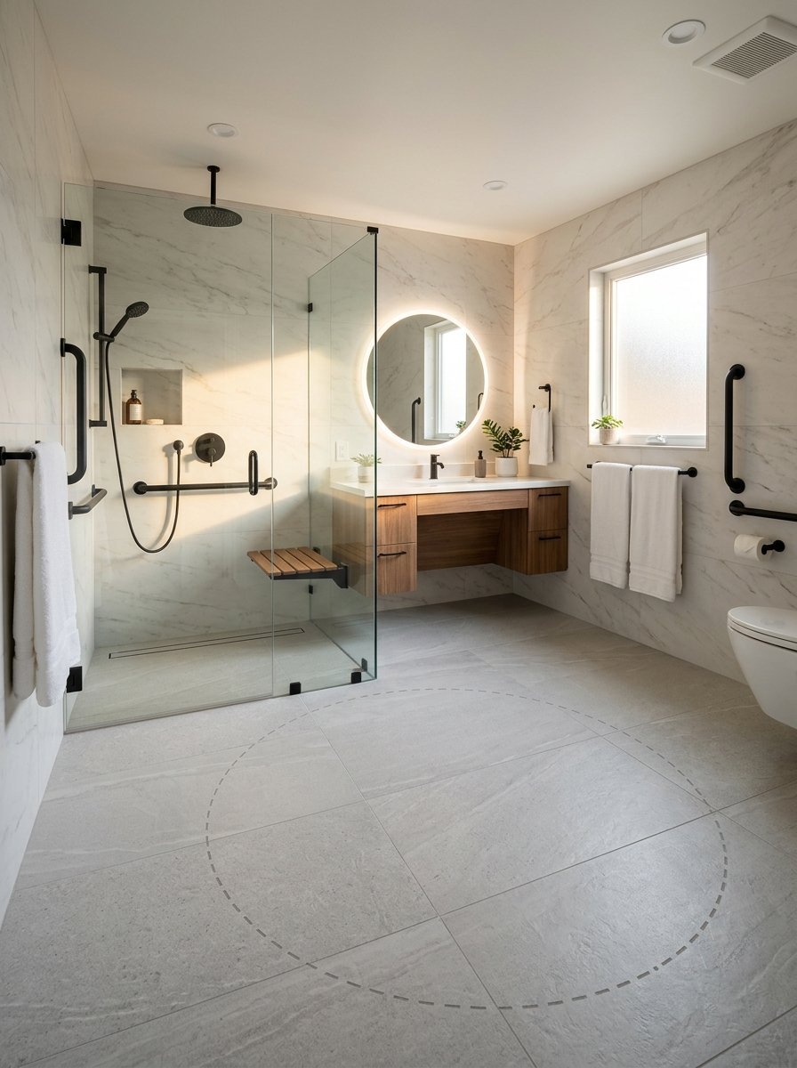 Modern ADA-compliant bathroom with a marble walk-in shower, wooden vanity, and safety grab bars.