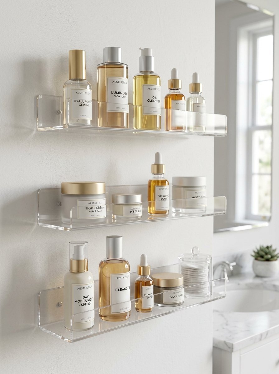 Wall-mounted transparent shelves displaying aesthetic skincare serums, creams, and cleansers in a bright bathroom.