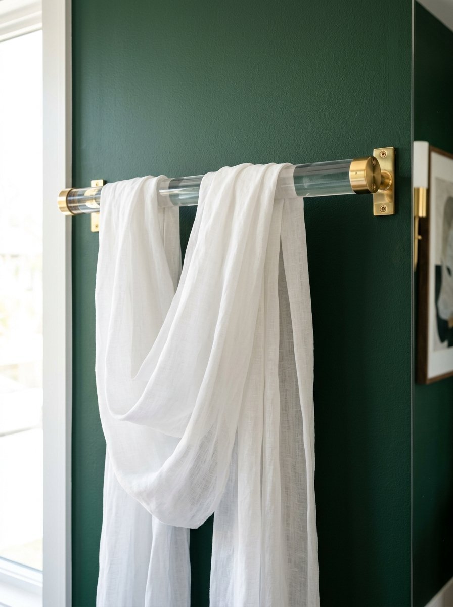 White fabric hanging from a sleek lucite and gold wall mounted rod against a dark green painted accent wall.