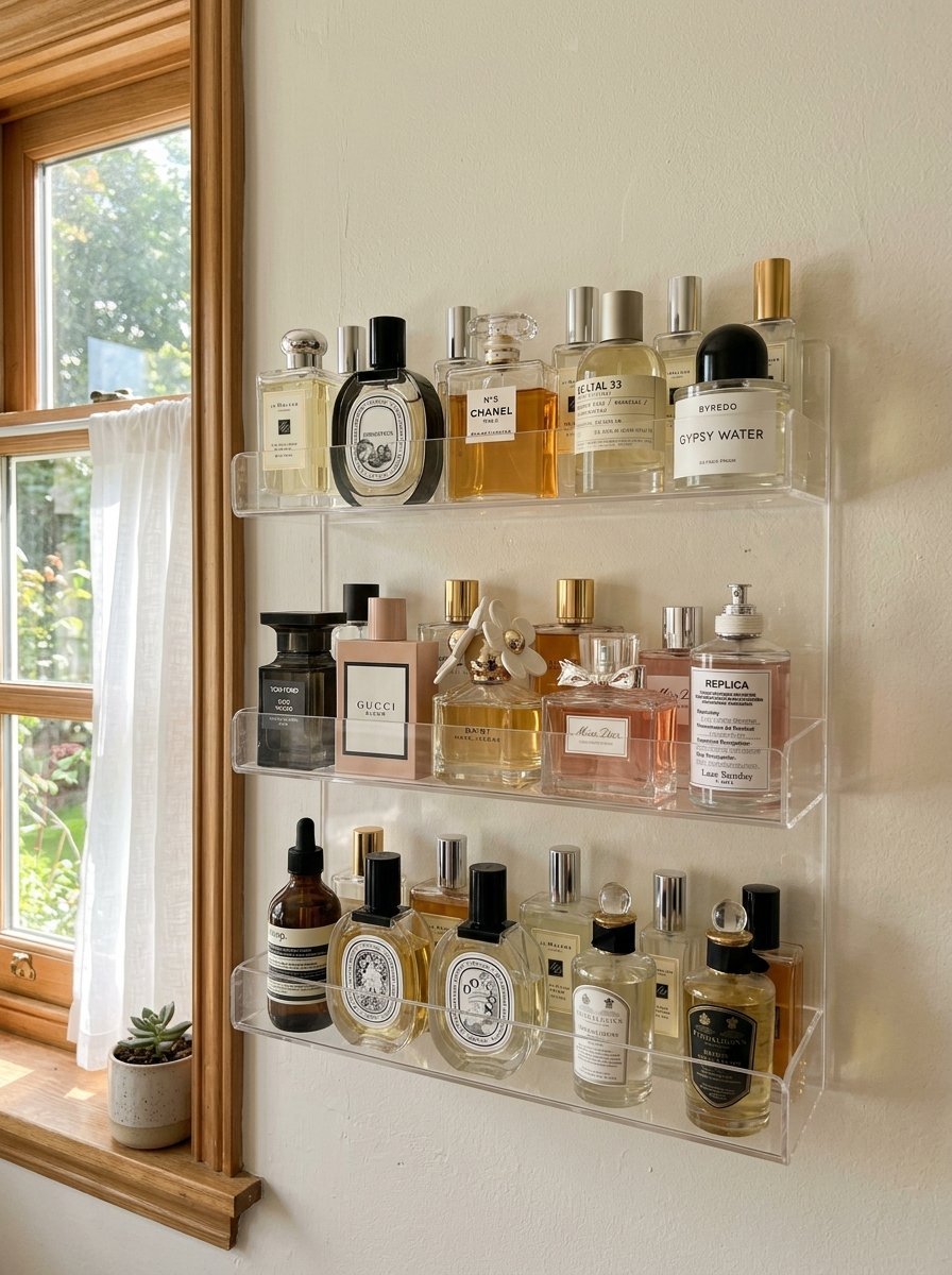 Three tiers of designer perfume bottles stored on a clear wall-mounted acrylic rack near a wooden window frame.