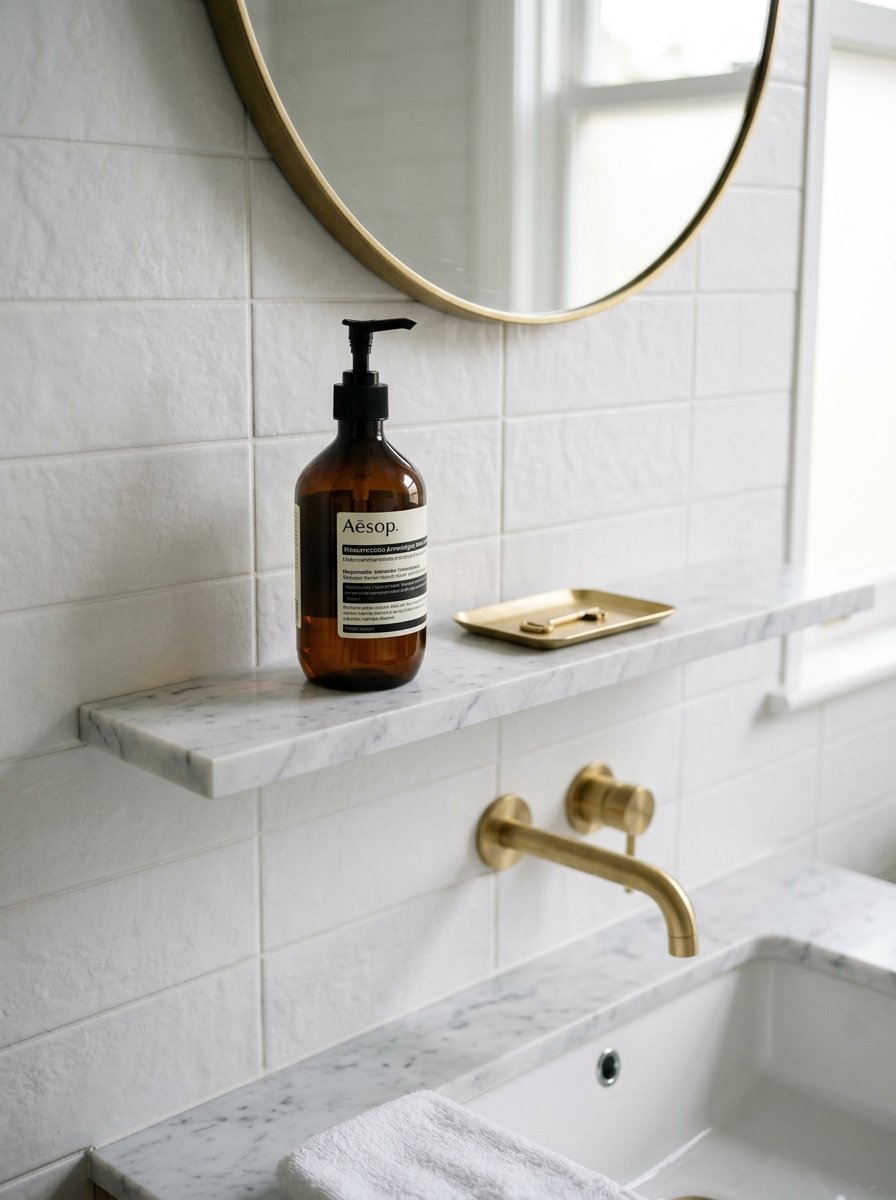 An amber pump bottle and brass tray sit on a marble shelf in a bathroom with white subway tiles and a gold faucet.