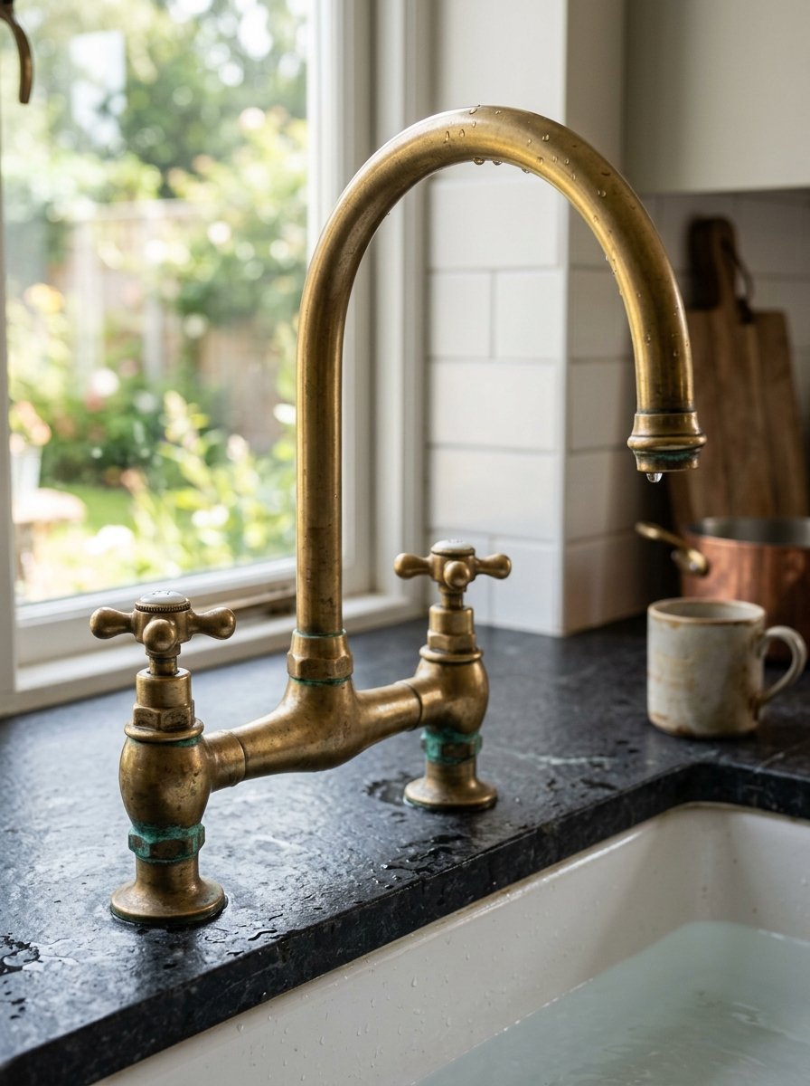 An antique brass kitchen faucet with patina sits on a black granite counter by a window.