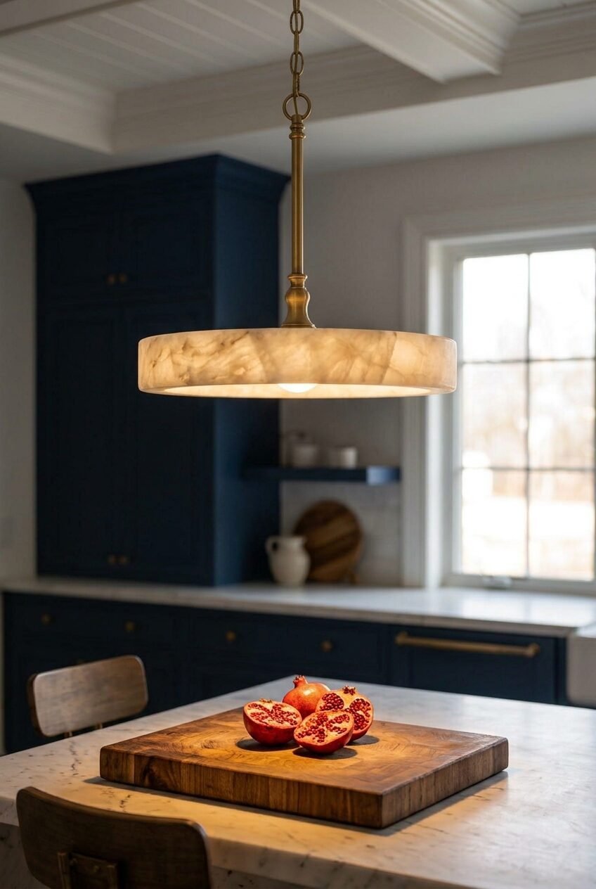 Round alabaster stone pendant lamp hanging above a wooden cutting board with pomegranates on a marble countertop.