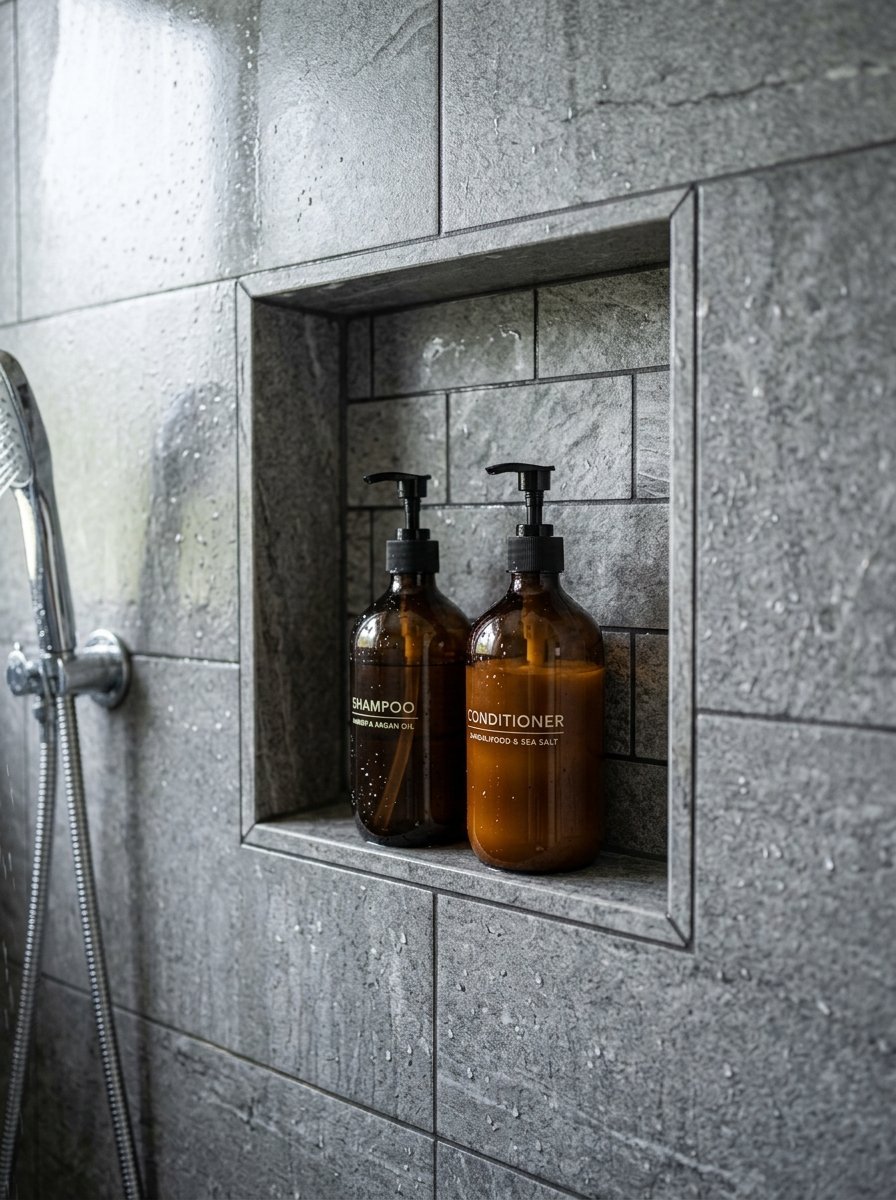 Shampoo and conditioner bottles on a shelf built into a grey tiled shower wall.