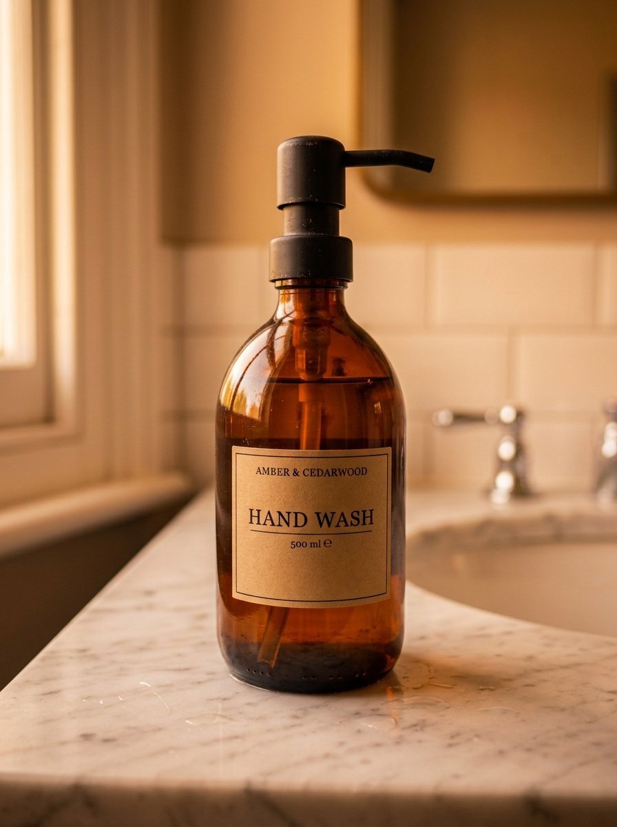 A brown glass apothecary style hand soap bottle with a black pump dispenser standing on a white marble bathroom counter.