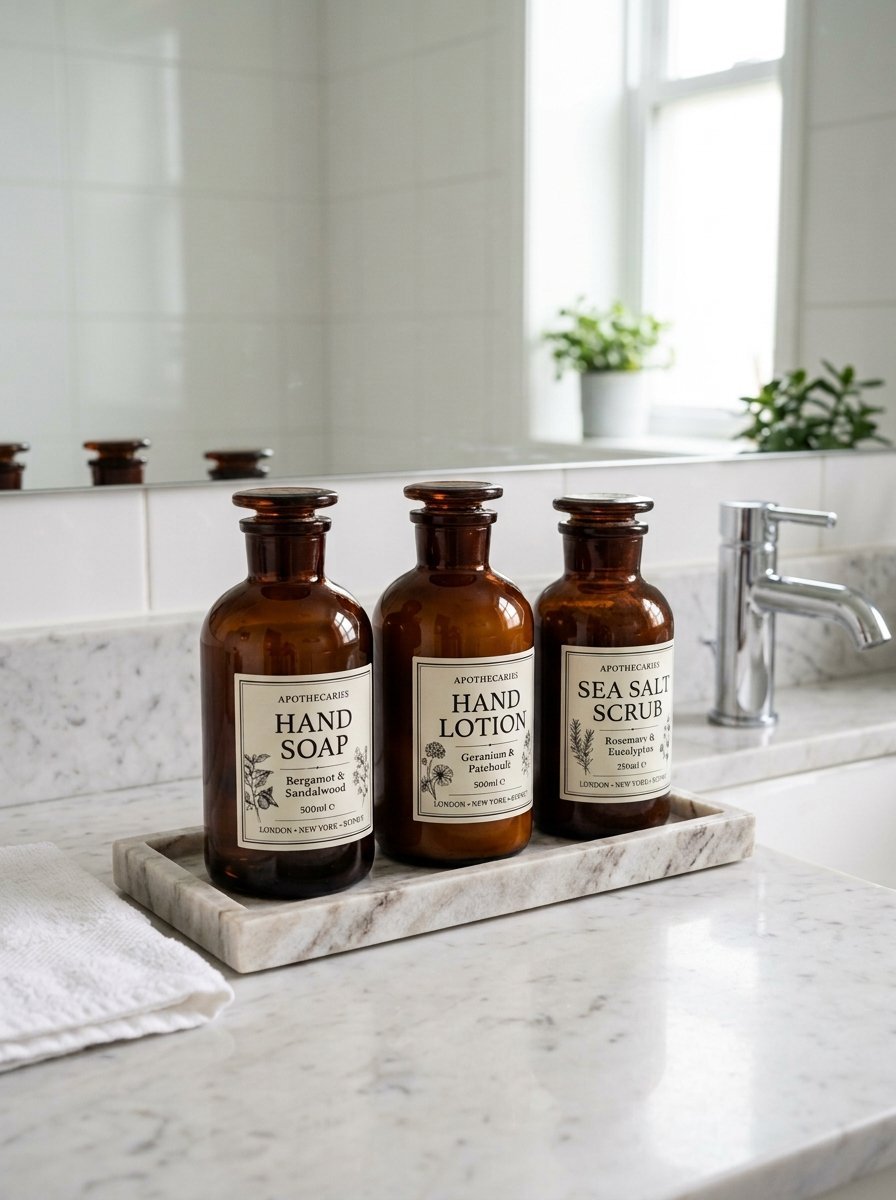 Set of three vintage-style apothecary pump bottles with labels on a white marble countertop tray.