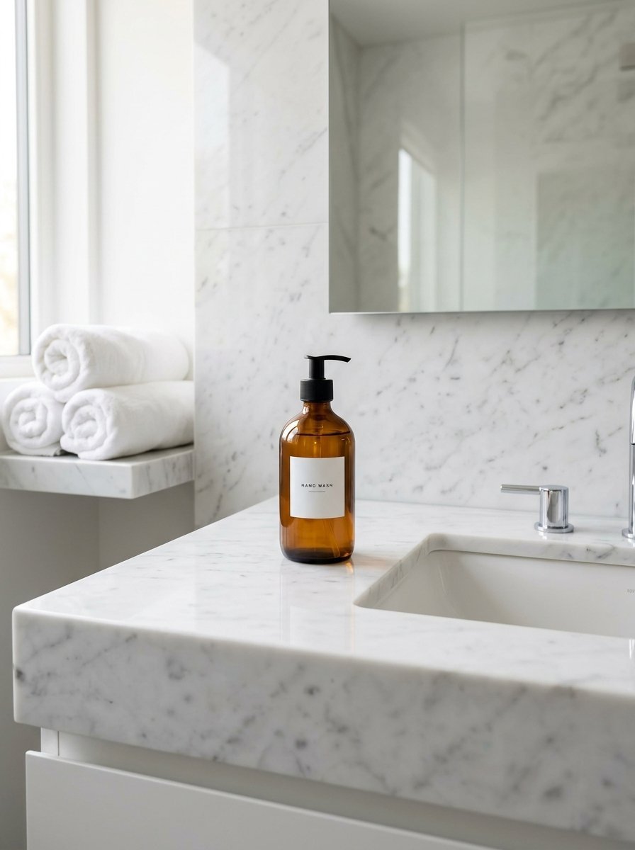 An amber glass pump bottle labeled hand wash sitting on a white marble sink next to stacked towels.