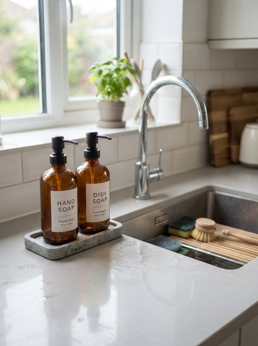 Two amber glass bottles labeled hand and dish soap on a grey stone tray by a kitchen sink.