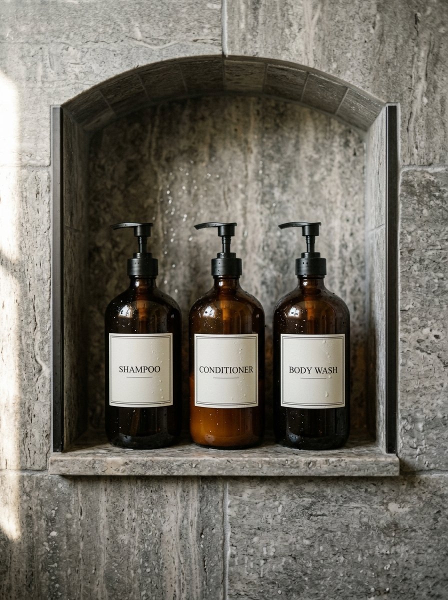 Close-up of shampoo, conditioner, and body wash amber pump bottles sitting on a grey marble shower shelf.