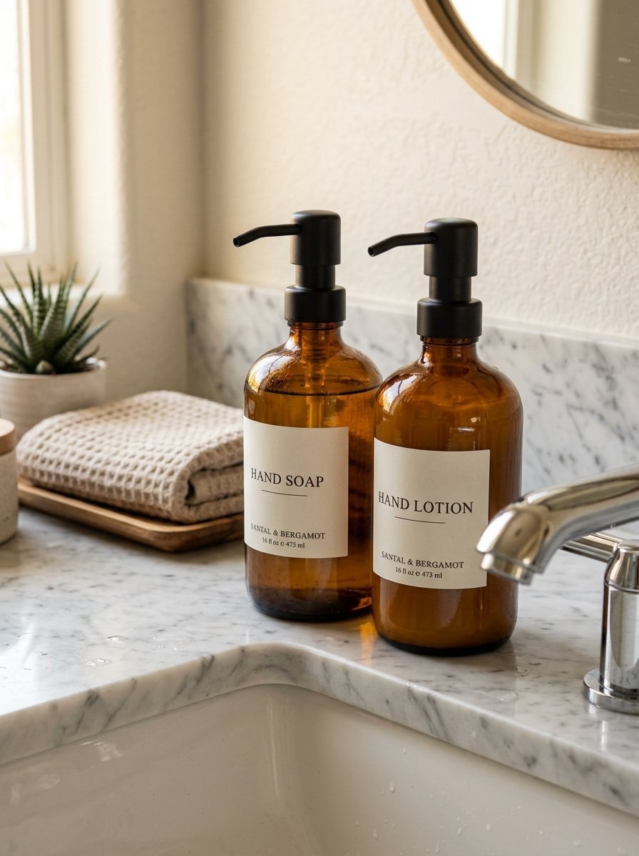 Amber glass hand soap and lotion bottles with black pumps next to a white marble sink.