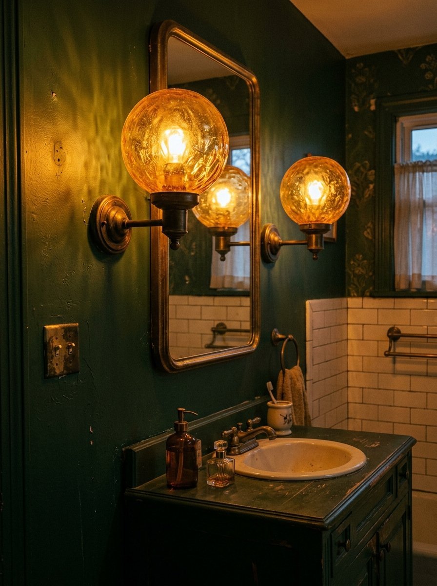 Round amber glass wall lights reflecting in a bathroom mirror over a dark green vanity cabinet.