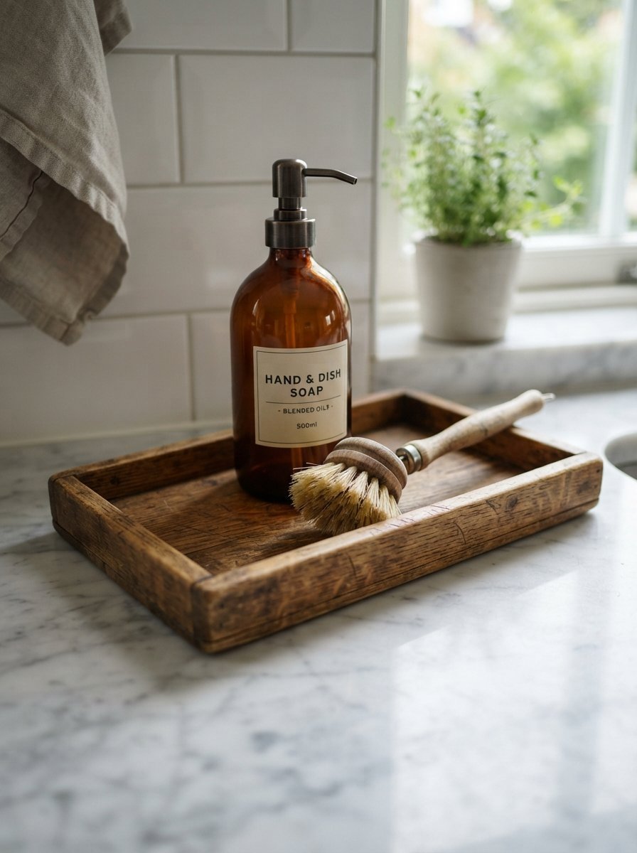 An amber glass soap bottle and a wooden scrubbing brush rest on a rustic wooden tray near a kitchen window.