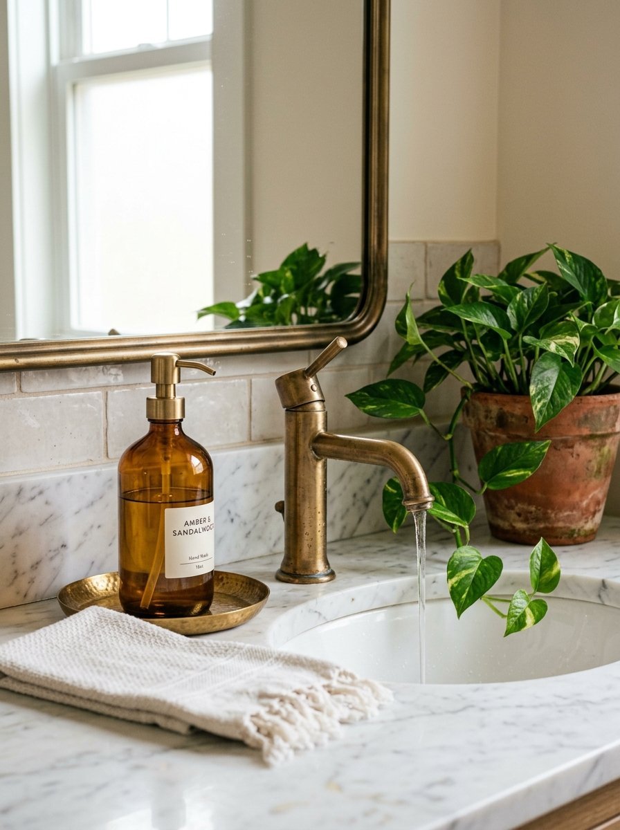Amber soap dispenser on a brass tray next to a running faucet and a potted pothos plant.
