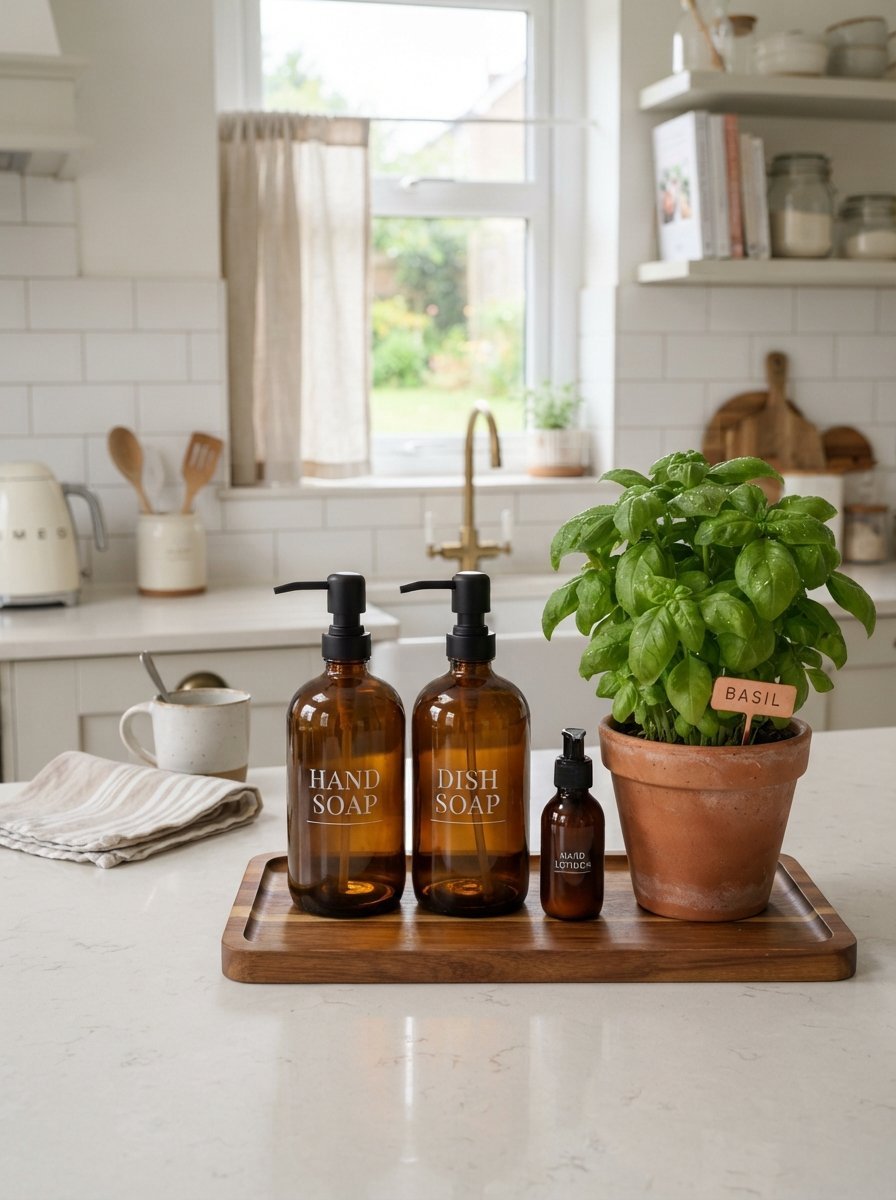 Amber glass hand and dish soap dispensers next to a terracotta basil plant on a wooden tray in a white kitchen.