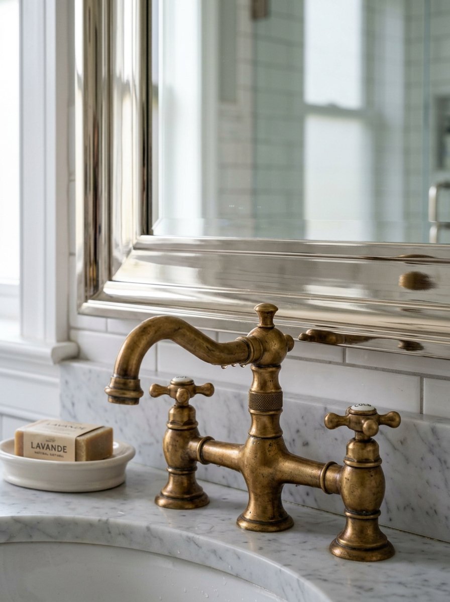 Antique brass faucet with dual handles next to a bar of soap on a white marble countertop.