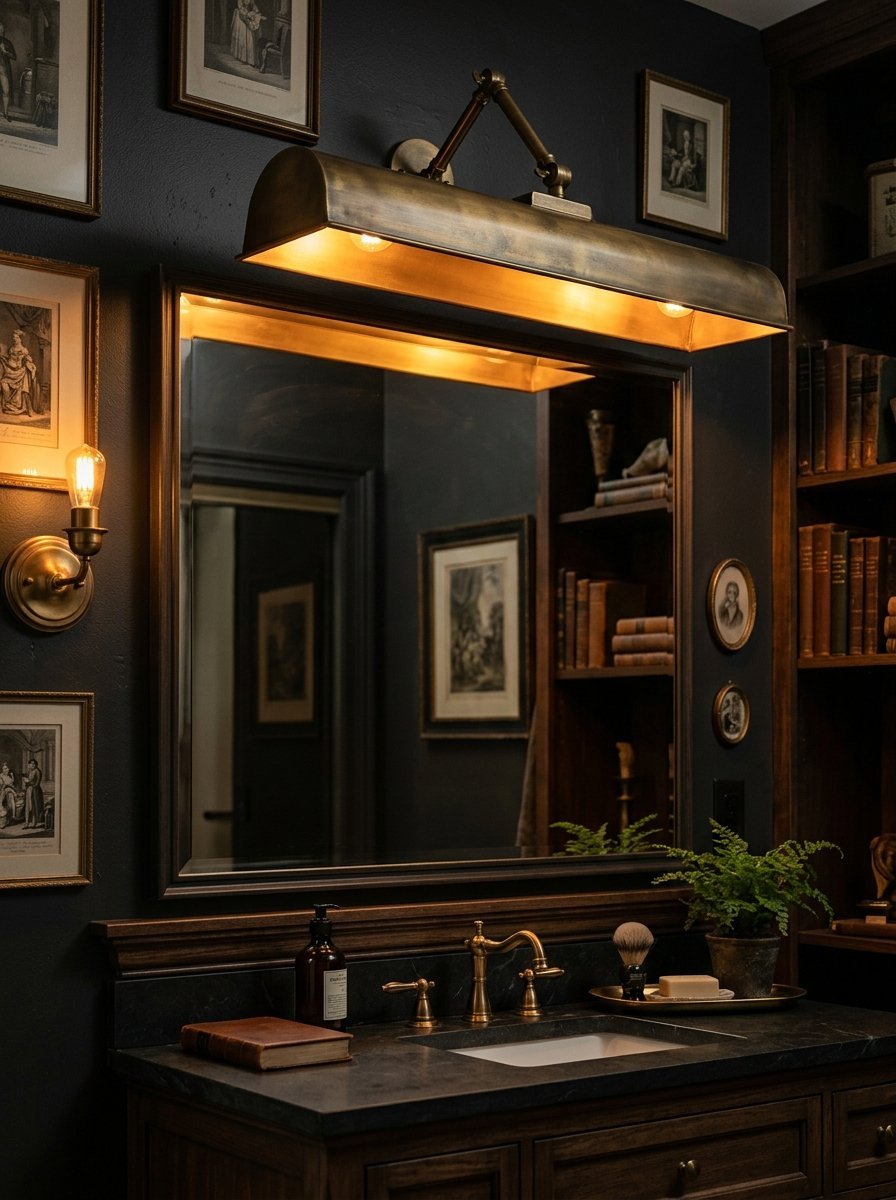 A vintage-style brass wall lamp hangs above a rectangular mirror in a dark wood vanity room.